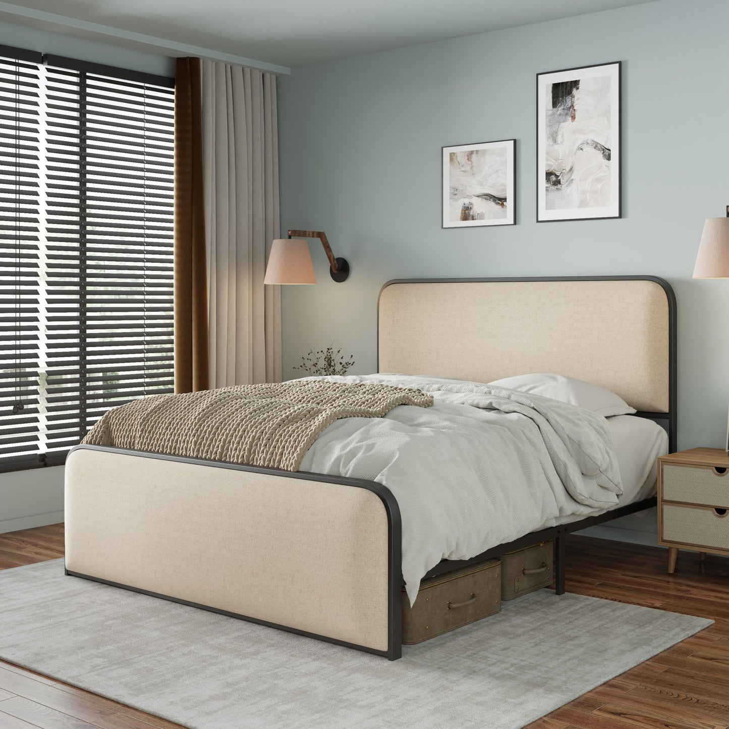 Modern Bed With Curved Upholstered Headboard And Footboard, Heavy Duty Metal Slats - The Sleep Loft - Online Mattress Showroom NYC