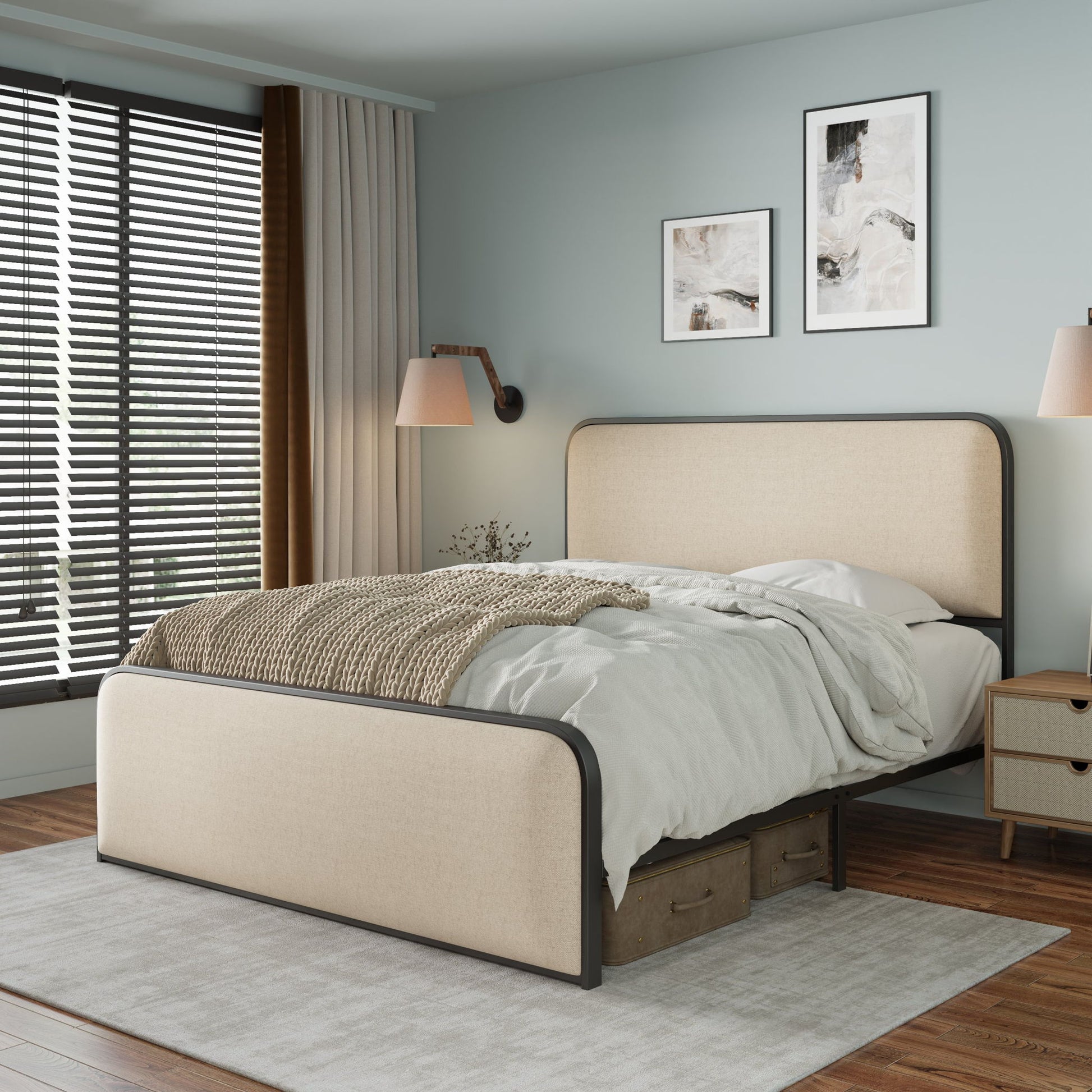 Modern Bed With Curved Upholstered Headboard And Footboard, Heavy Duty Metal Slats - The Sleep Loft - Online Mattress Showroom NYC