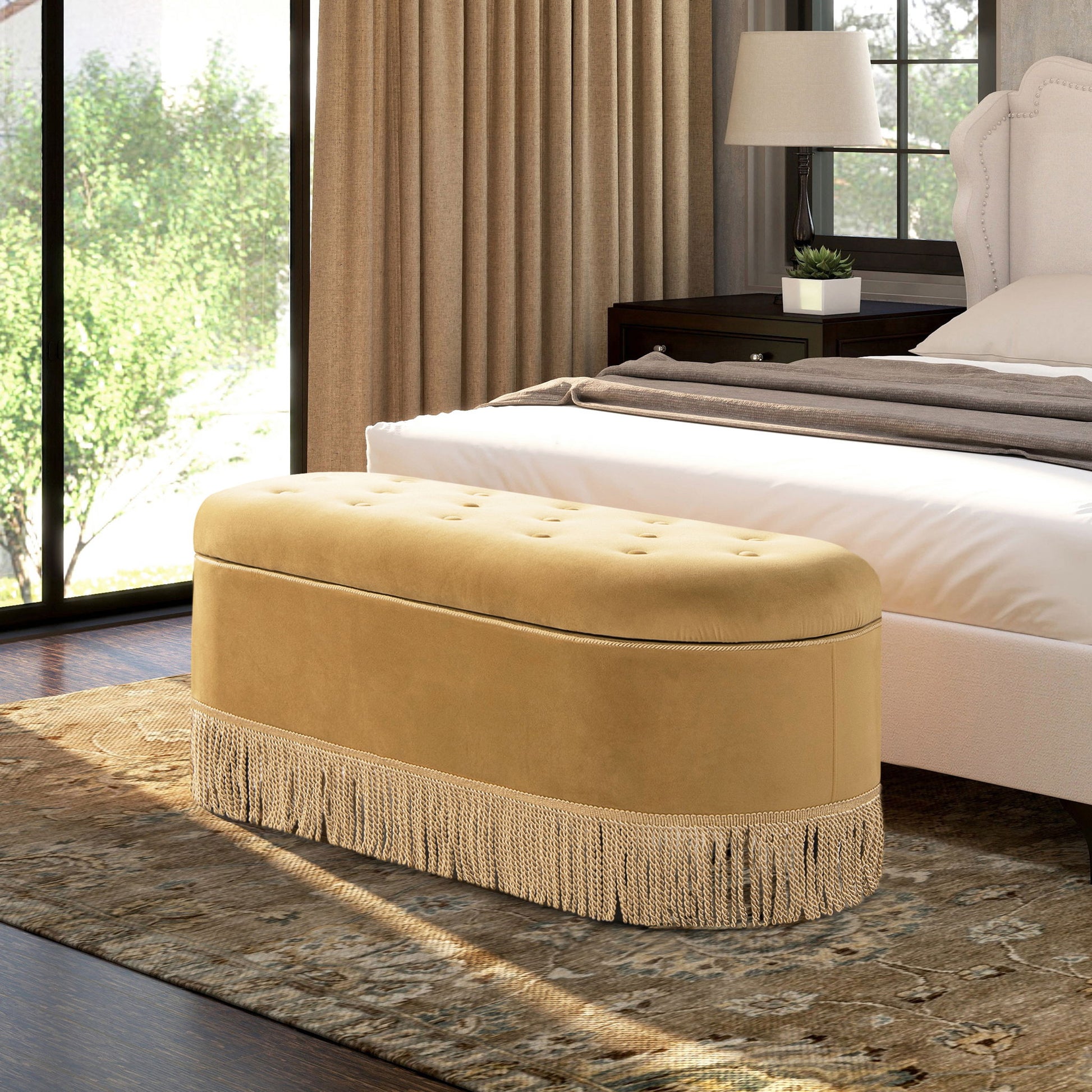 Melinda - Oval Tufted Bullion Fringe Storage Bench - The Sleep Loft - Online Mattress Showroom NYC