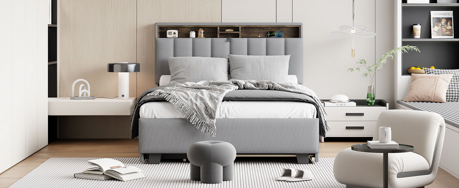 Upholstered Platform Bed With Storage Headboard, Trundle & 2 Drawers And A Set Of Sockets & USB Ports - The Sleep Loft - Online Mattress Showroom NYC