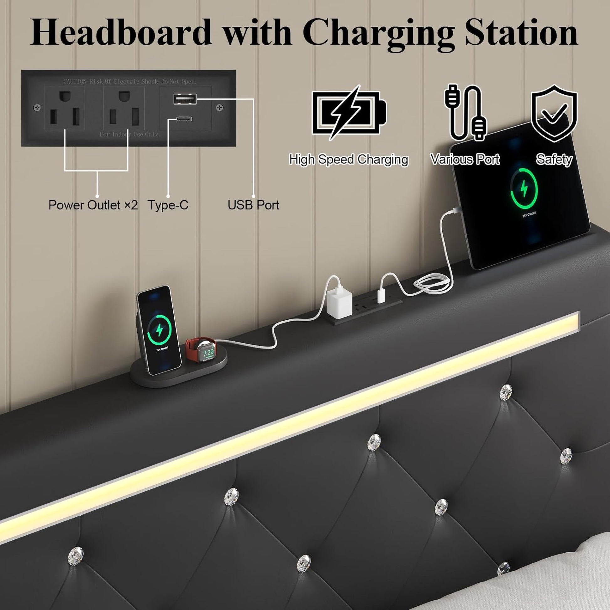 Upholstered Bed Frame With LED Lights, 4 Storage Drawers, Charging Station - The Sleep Loft - Online Mattress Showroom NYC