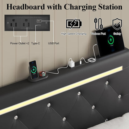 Upholstered Bed Frame With LED Lights, 4 Storage Drawers, Charging Station - The Sleep Loft - Online Mattress Showroom NYC