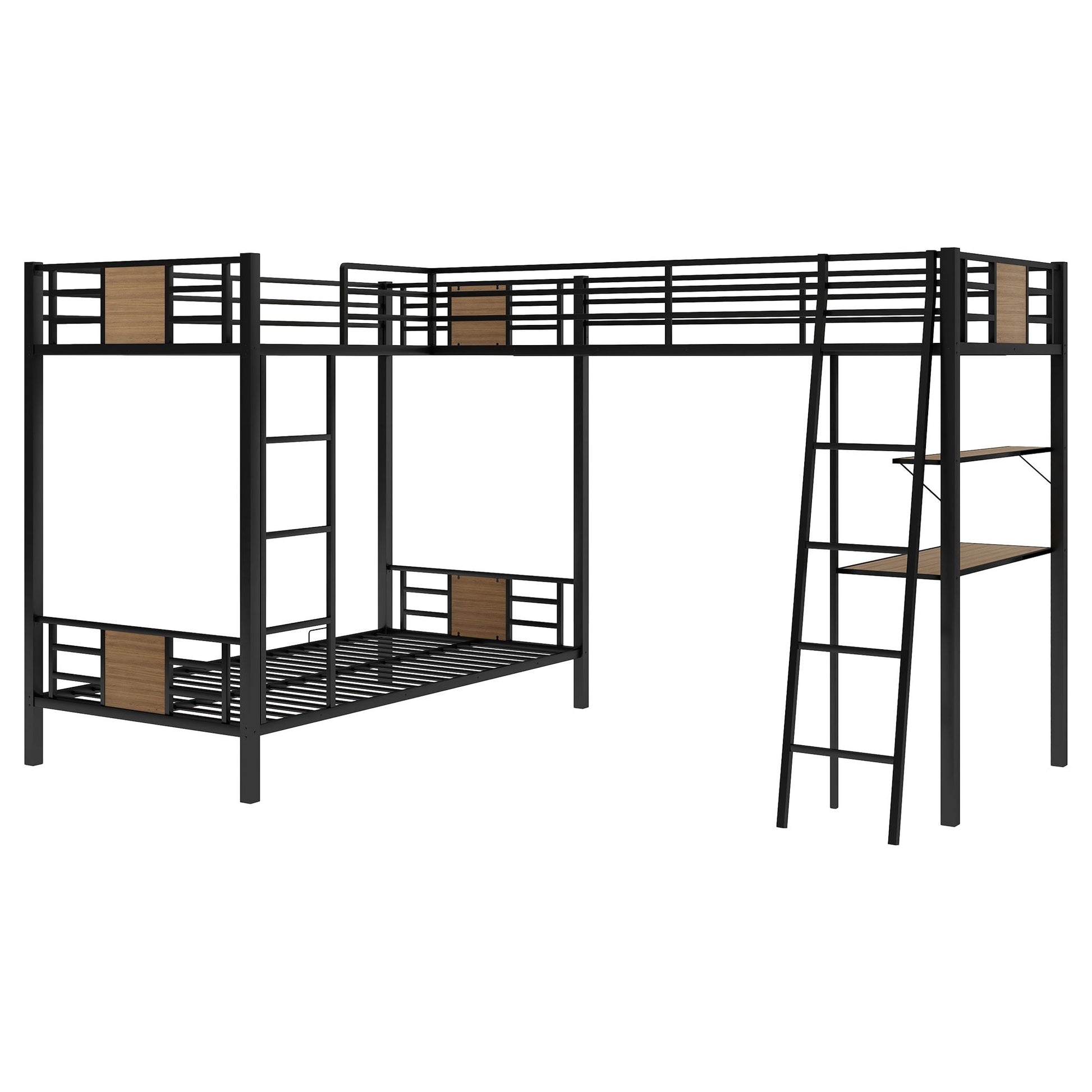 L-Shaped Twin Over Twin Bunk Bed With Twin Size Loft Bed With Desk And Shelf - Brown - The Sleep Loft - Online Mattress Showroom NYC