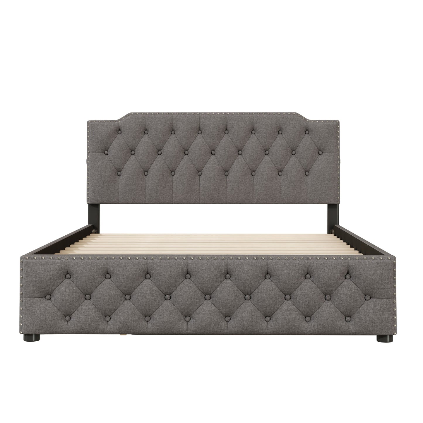 Upholstered Platform Bed With Trundle And 2 Sets Of USB Ports On Each Side, Linen Fabric - The Sleep Loft - Online Mattress Showroom NYC