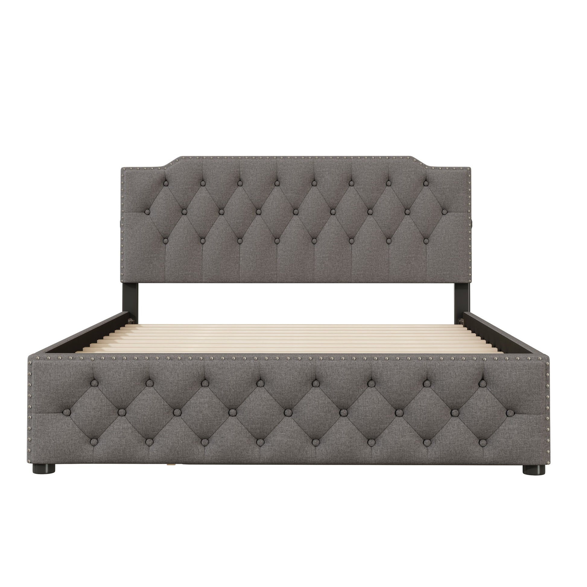 Upholstered Platform Bed With Trundle And 2 Sets Of USB Ports On Each Side, Linen Fabric - The Sleep Loft - Online Mattress Showroom NYC