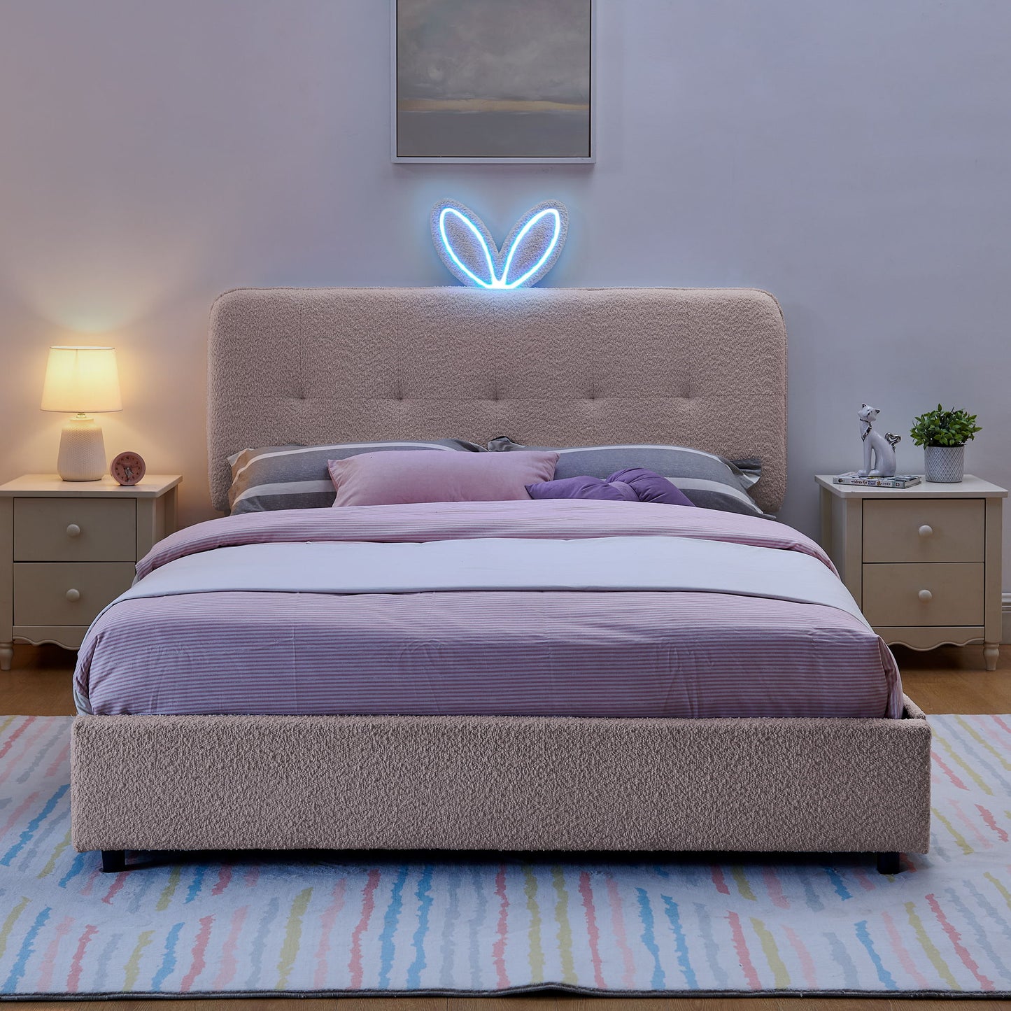 Upholstered Bed With Oversized Rabbit Ear Headboard, LED Lights & 4 Storage Drawers - The Sleep Loft - Online Mattress Showroom NYC