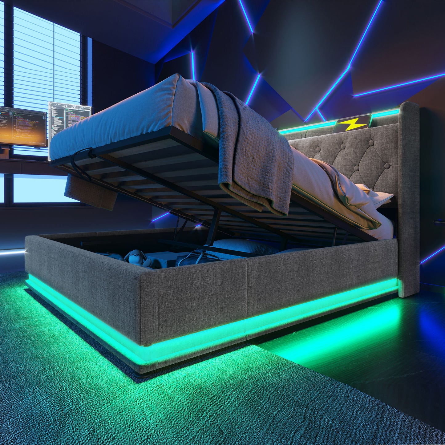 Upholstered Bed, 360 Surround LED Function, Remote Control, Hydraulic Storage Bed With USB, Type-C Charging (Without Mattress) - The Sleep Loft - Online Mattress Showroom NYC