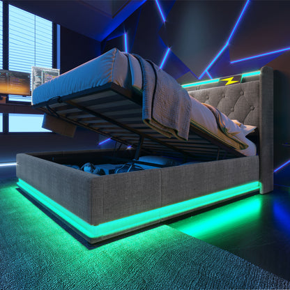 Upholstered Bed, 360 Surround LED Function, Remote Control, Hydraulic Storage Bed With USB, Type-C Charging (Without Mattress) - The Sleep Loft - Online Mattress Showroom NYC