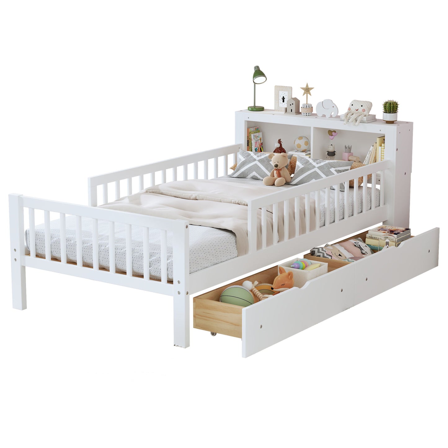 Bed With Headboard Storage Rack, 2 Under Bed Drawers, 3 Side Guardrails For Safety - The Sleep Loft - Online Mattress Showroom NYC