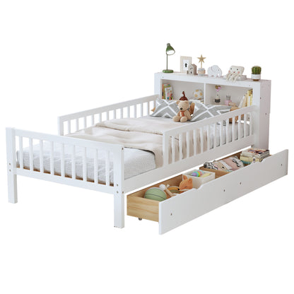 Bed With Headboard Storage Rack, 2 Under Bed Drawers, 3 Side Guardrails For Safety - The Sleep Loft - Online Mattress Showroom NYC