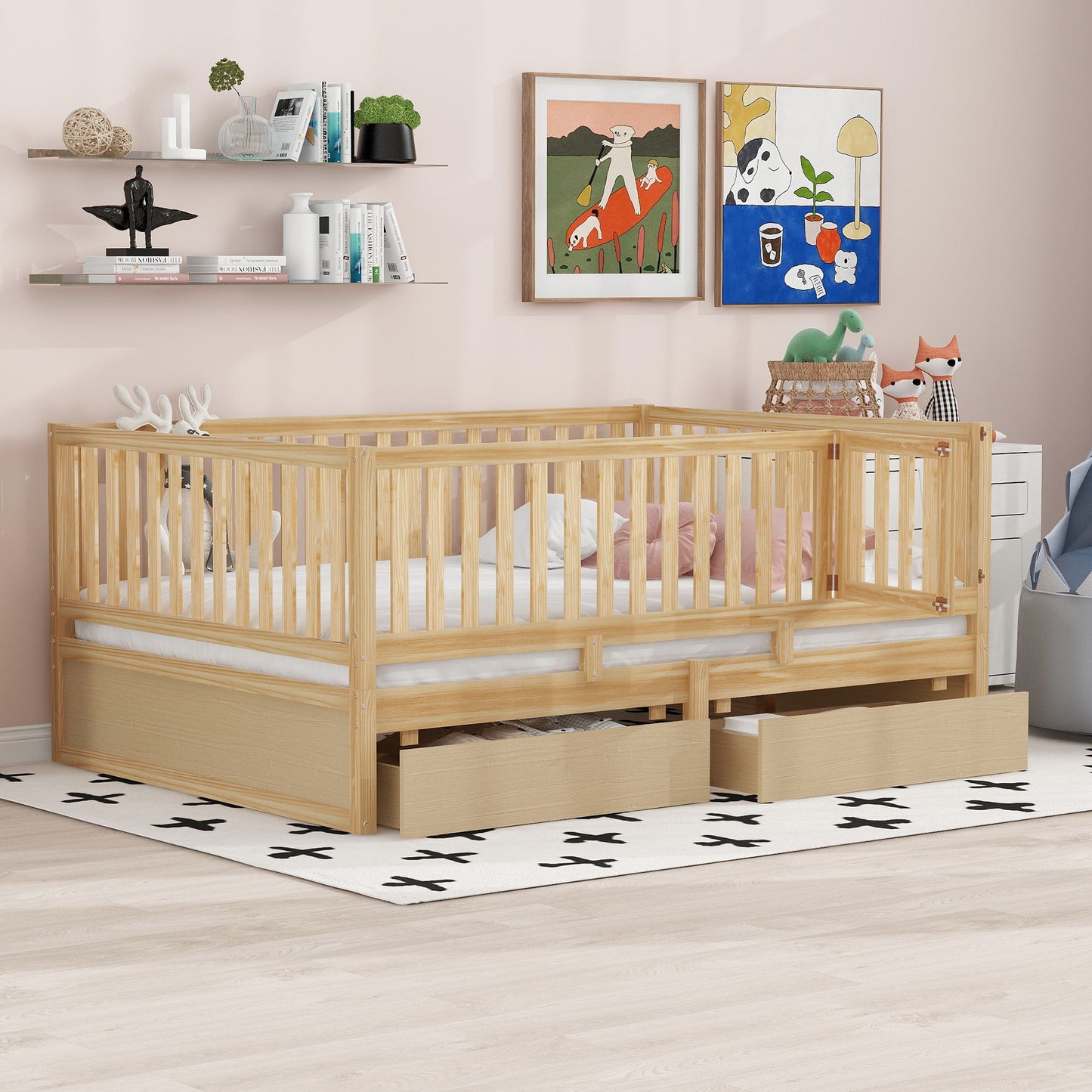 Daybed With Fence Guardrails And 2 Drawers, Split Into Independent Floor Bed & Daybed - The Sleep Loft - Online Mattress Showroom NYC