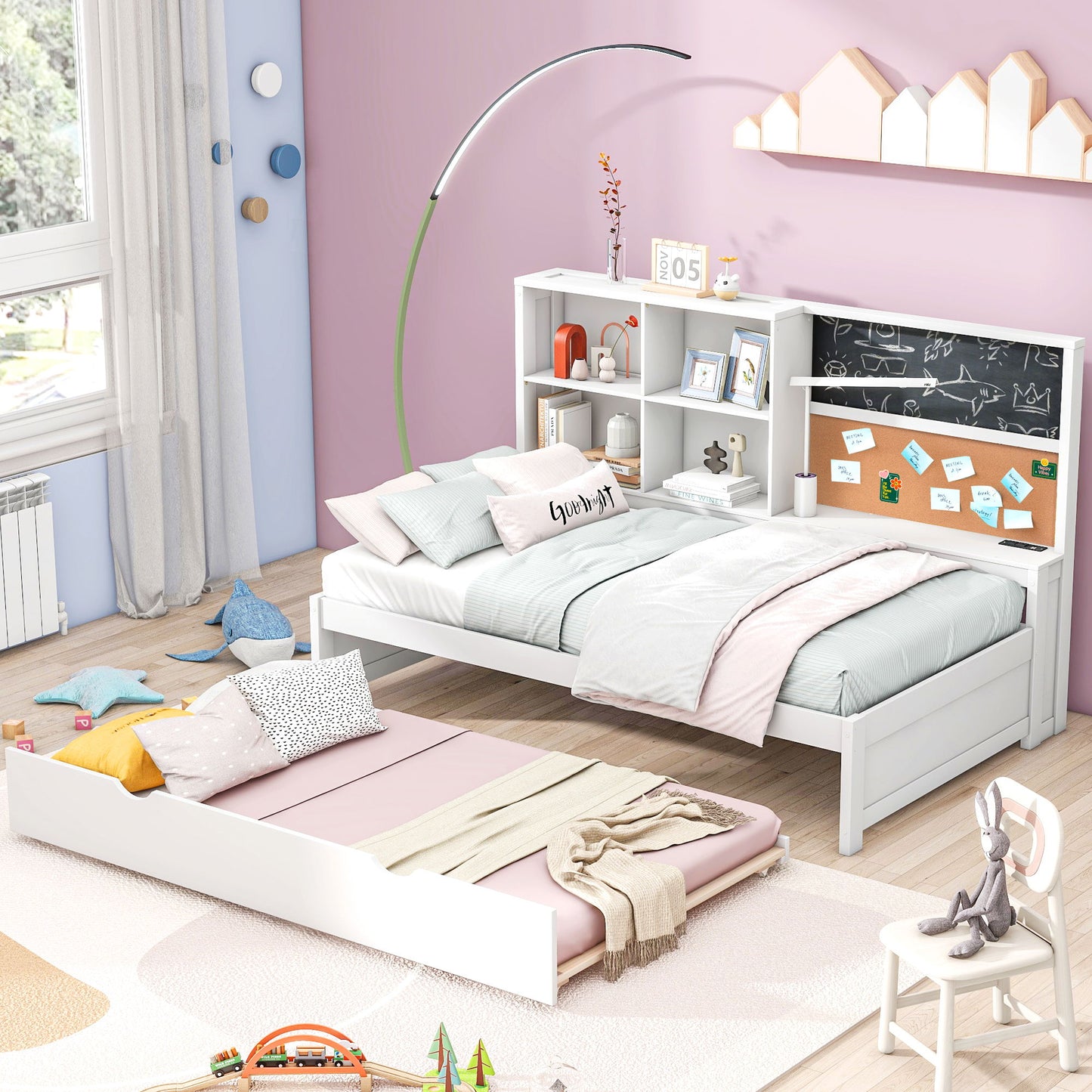 Twin Size Daybed With Storage Shelvesboard, Cork Board, USB Ports And Trundle - White - The Sleep Loft - Online Mattress Showroom NYC