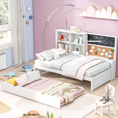 Twin Size Daybed With Storage Shelvesboard, Cork Board, USB Ports And Trundle - White - The Sleep Loft - Online Mattress Showroom NYC