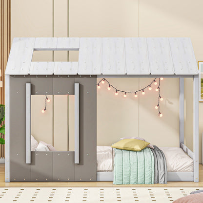 Twin Size House Platform Bed With Roof And Window - Natural / White - The Sleep Loft - Online Mattress Showroom NYC