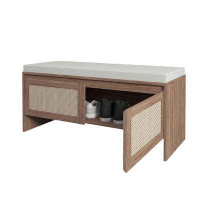 Storage Bench With Cushion, Shoe Cabinet With 2 Doors - Antique Natural / Rattan - The Sleep Loft - Online Mattress Showroom NYC