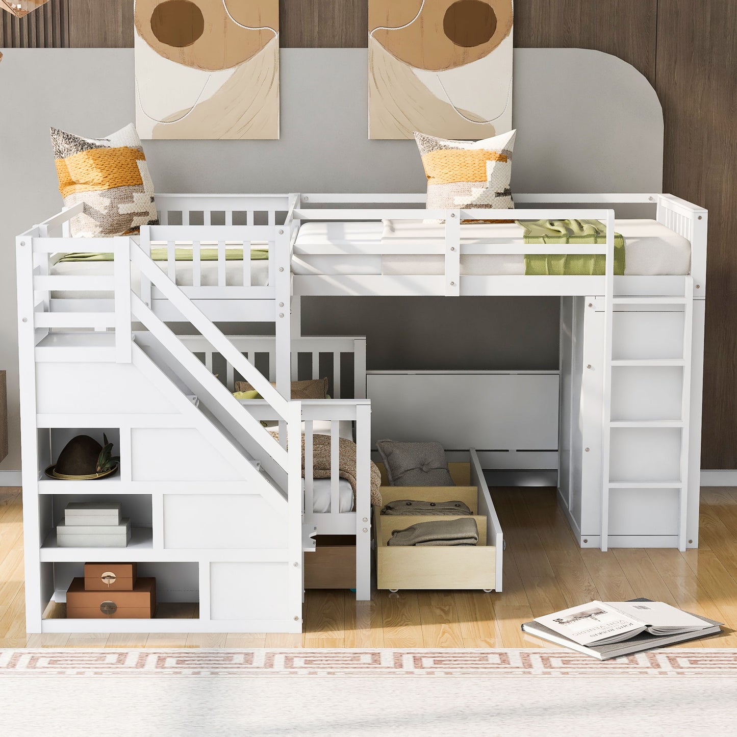 L Shaped Bunk Bed With 3 Drawers, Portable Desk And Wardrobe - The Sleep Loft - Online Mattress Showroom NYC