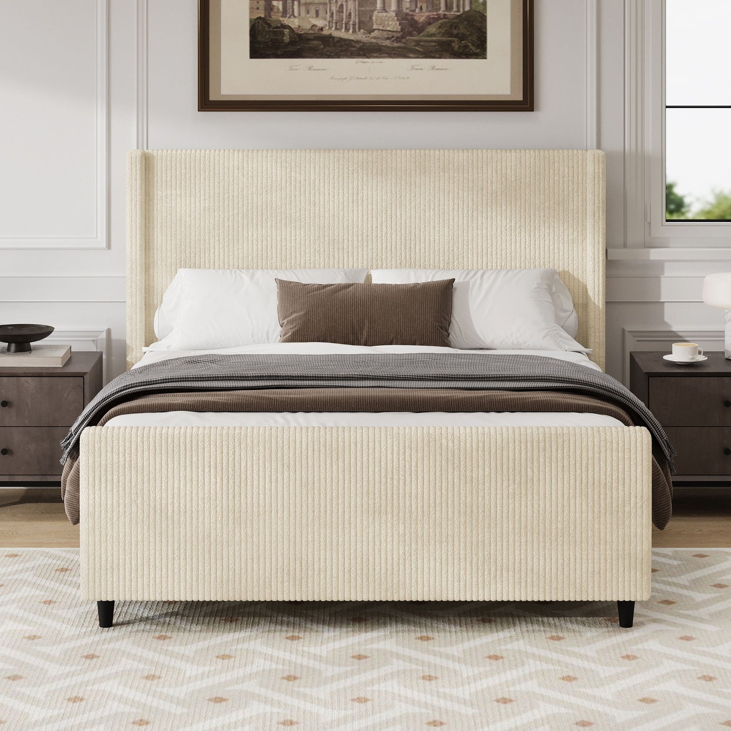 Upholstered Bed Frame With Vertical Stripe Wingback And High Footboard - The Sleep Loft - Online Mattress Showroom NYC