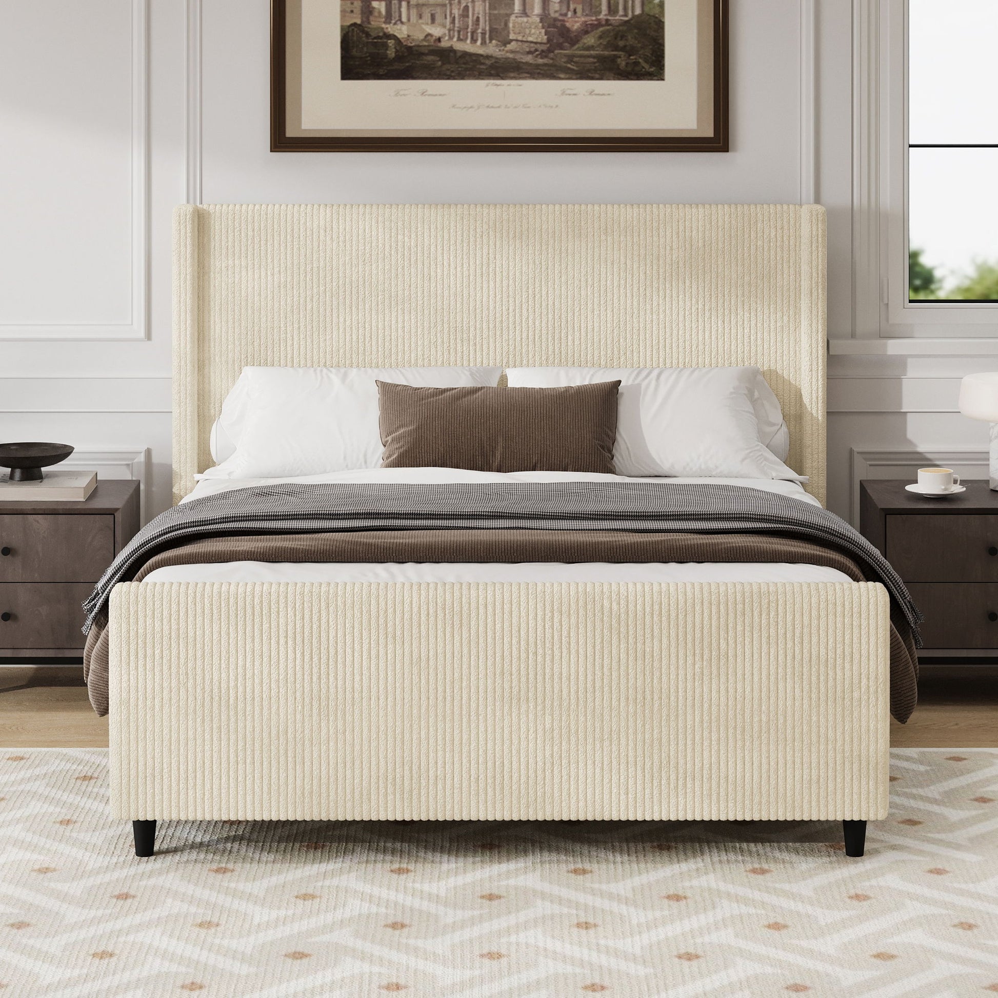 Upholstered Bed Frame With Vertical Stripe Wingback And High Footboard - The Sleep Loft - Online Mattress Showroom NYC