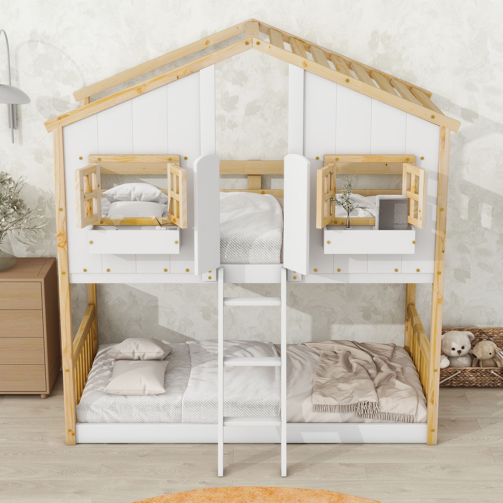 House Bunk Bed With Roof, Window, Window Box, Door, With Safety Guardrails And Ladder - The Sleep Loft - Online Mattress Showroom NYC