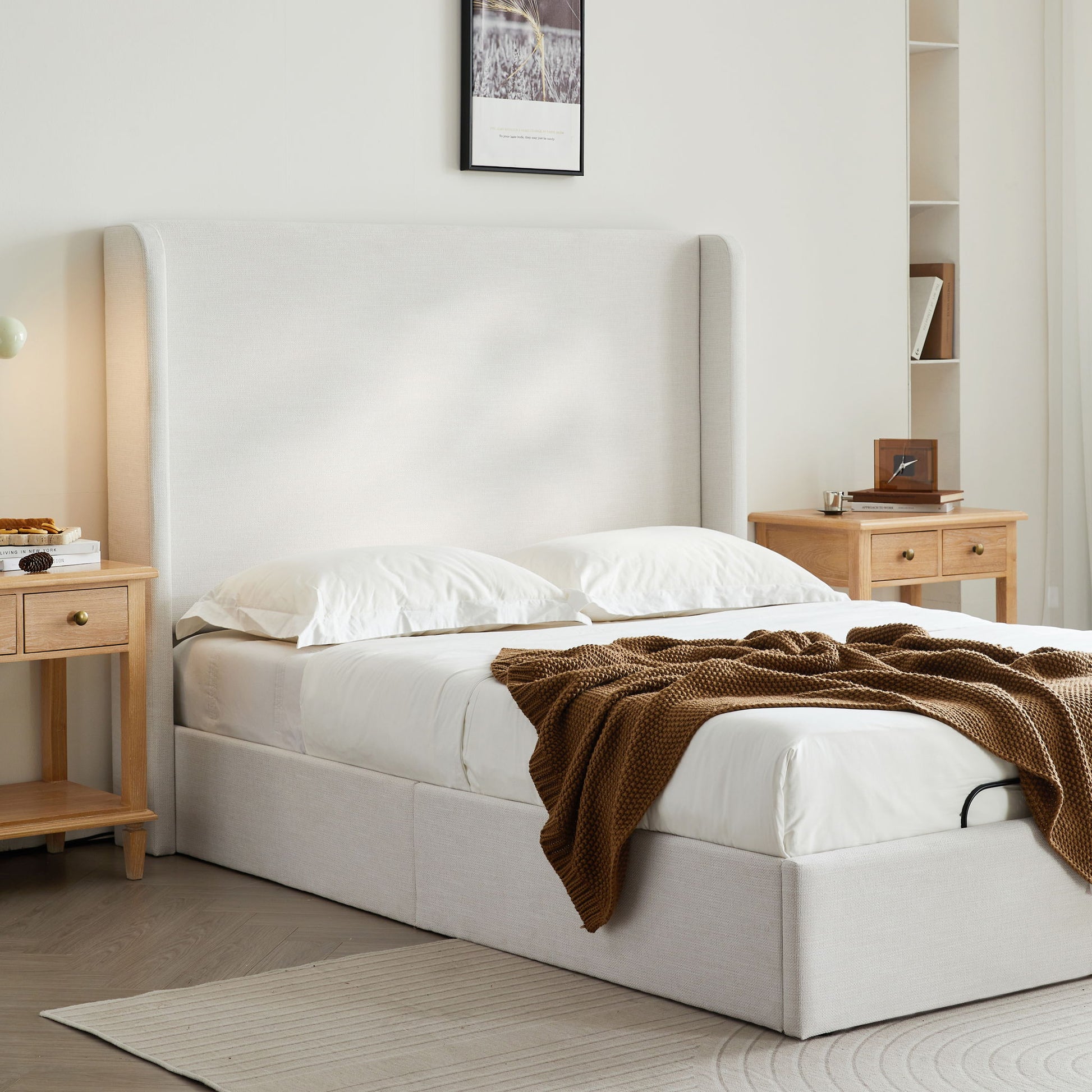 Caron - Queen Size Upholstered Wingback Bed With Adjustable Base Bundle Set - Ivory - The Sleep Loft - Online Mattress Showroom NYC