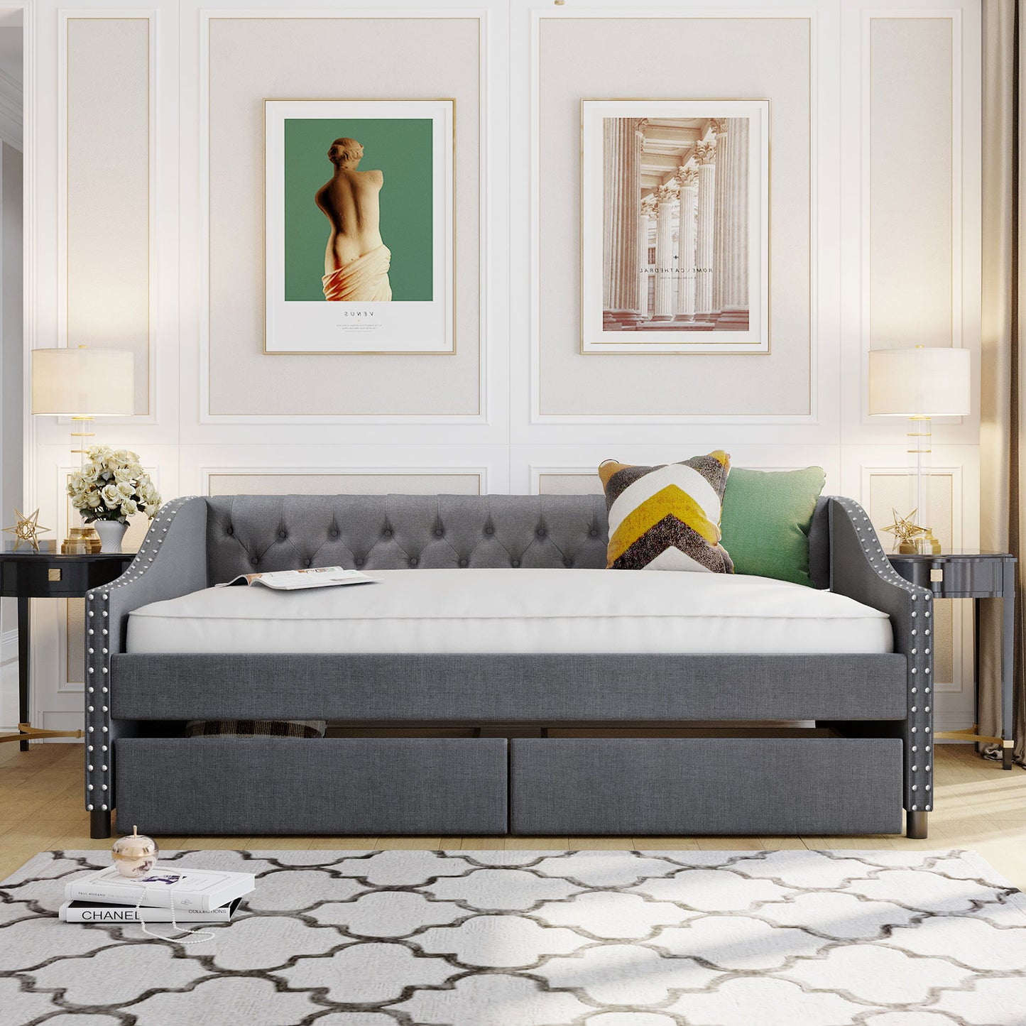 Upholstered Daybed With Two Drawers, Wood Slat Support - The Sleep Loft - Online Mattress Showroom NYC