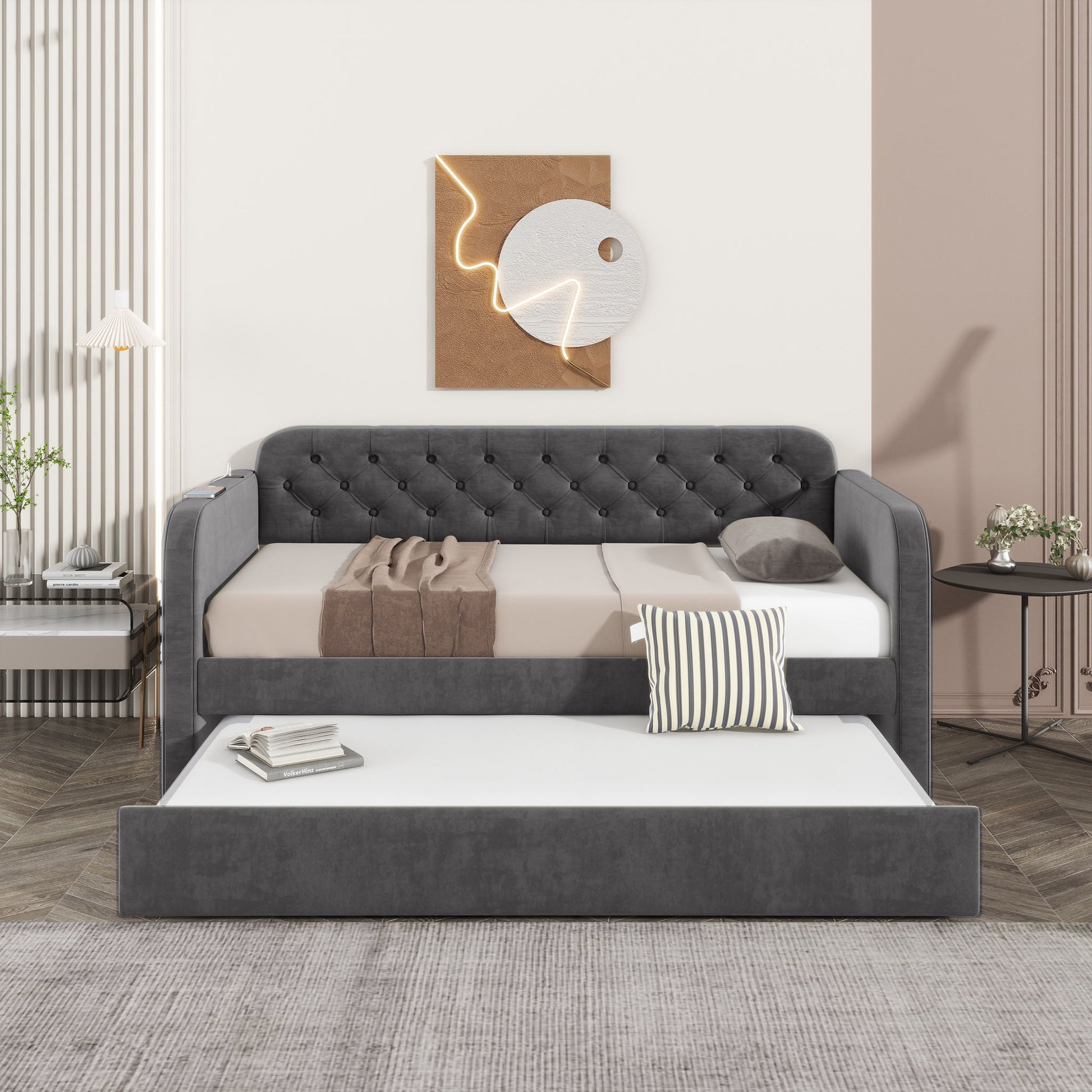 Upholstered Daybed With Trundle And USB Charging Design - The Sleep Loft - Online Mattress Showroom NYC