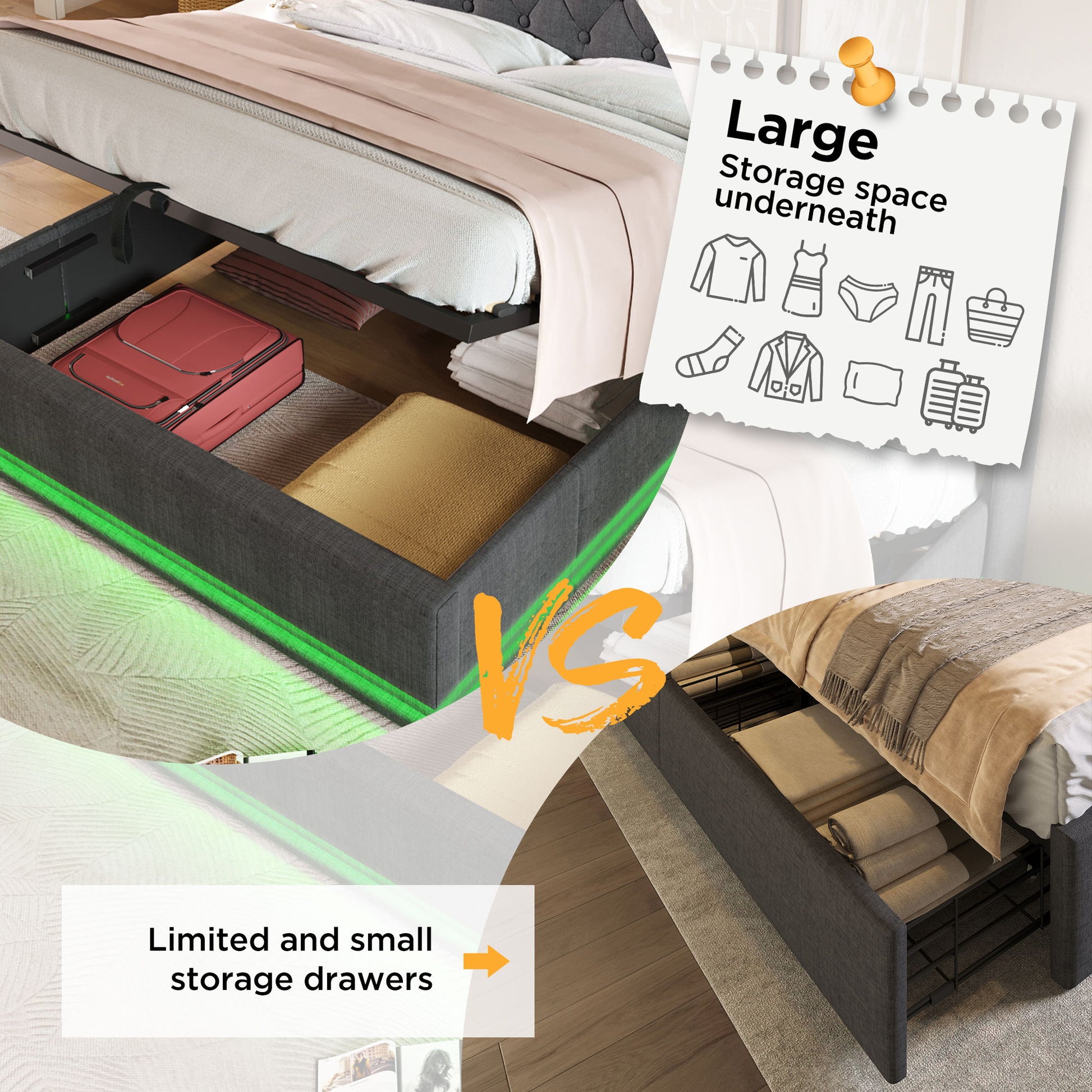 Upholstered Bed, 360 Surround LED Function, Remote Control, Hydraulic Storage Bed With USB, Type-C Charging (Without Mattress) - The Sleep Loft - Online Mattress Showroom NYC