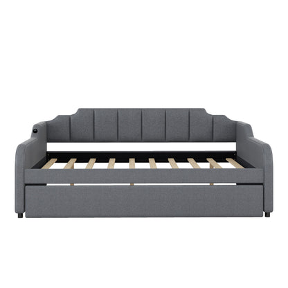 Full Size Upholstered Daybed With Trundle And USB Charging - Gray - The Sleep Loft - Online Mattress Showroom NYC