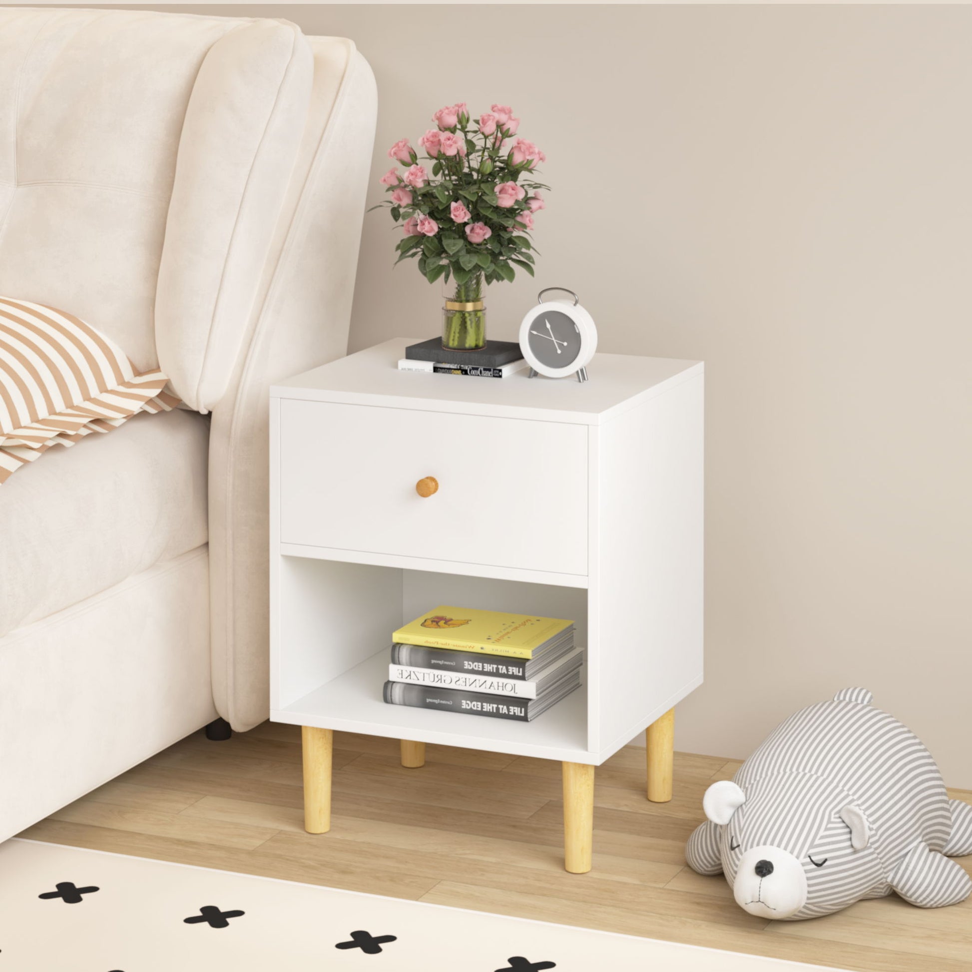 Nightstand With 1 Drawer And 1 Shelf - White - The Sleep Loft - Online Mattress Showroom NYC