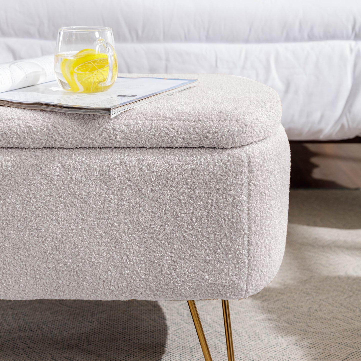 Storage Ottoman Bench For End Of Bed Legs, Modern Camel Faux Fur Entryway Bench Upholstered Padded With Storage For Living Room Bedroom - The Sleep Loft - Online Mattress Showroom NYC
