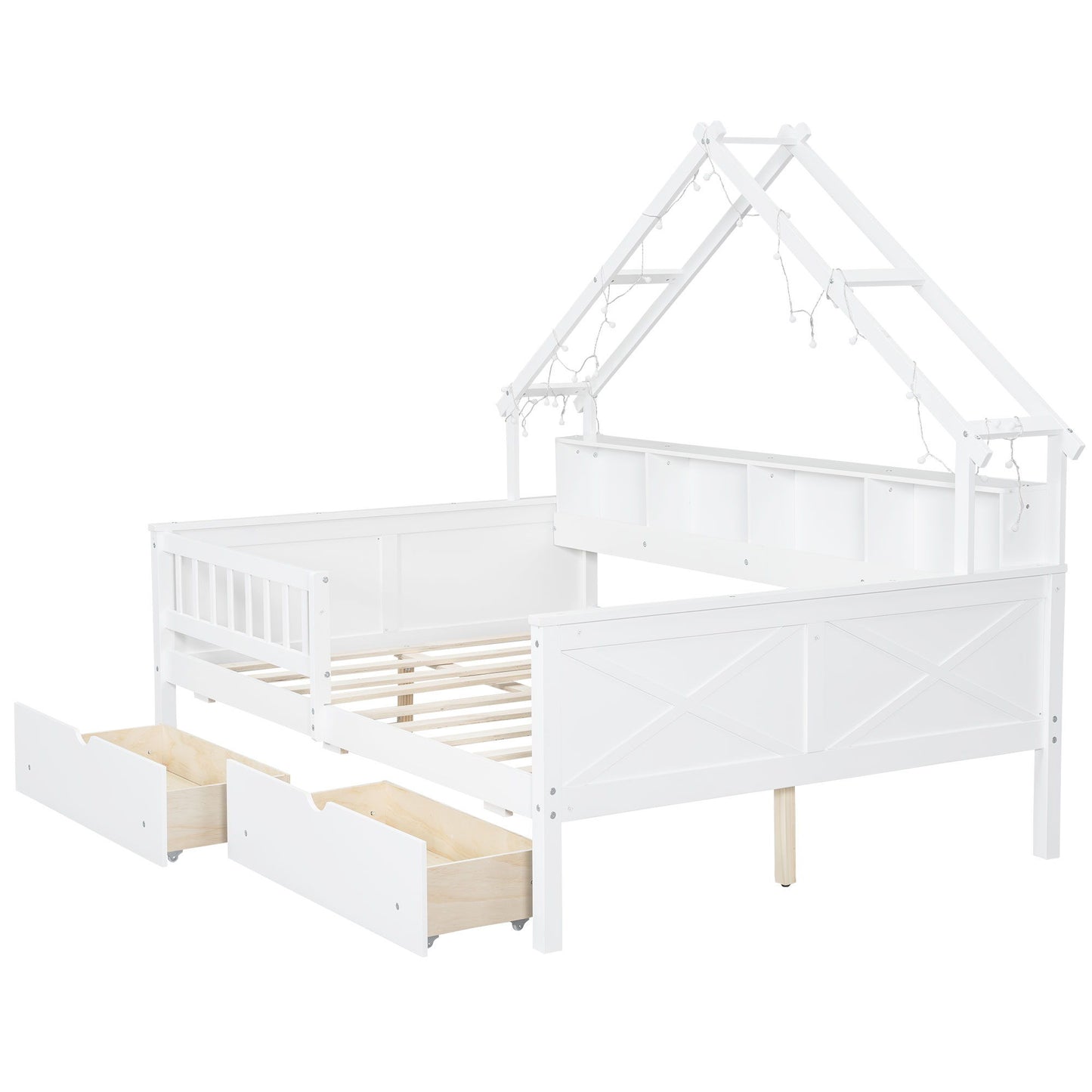 House Style Platform Bed With LED Lights, Storage Shelves, Drawers, And Guardrail - The Sleep Loft - Online Mattress Showroom NYC