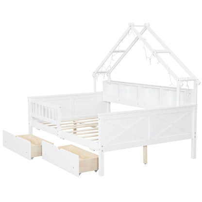 House Style Platform Bed With LED Lights, Storage Shelves, Drawers, And Guardrail - The Sleep Loft - Online Mattress Showroom NYC