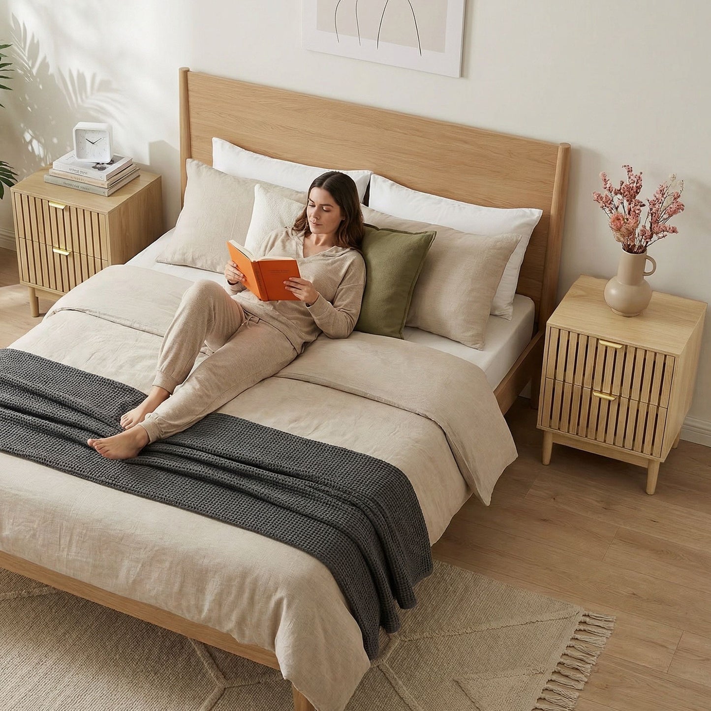 Bedside Table With Grille Design And 2 Drawers, Side Table For Bedroom - Oak - The Sleep Loft - Online Mattress Showroom NYC