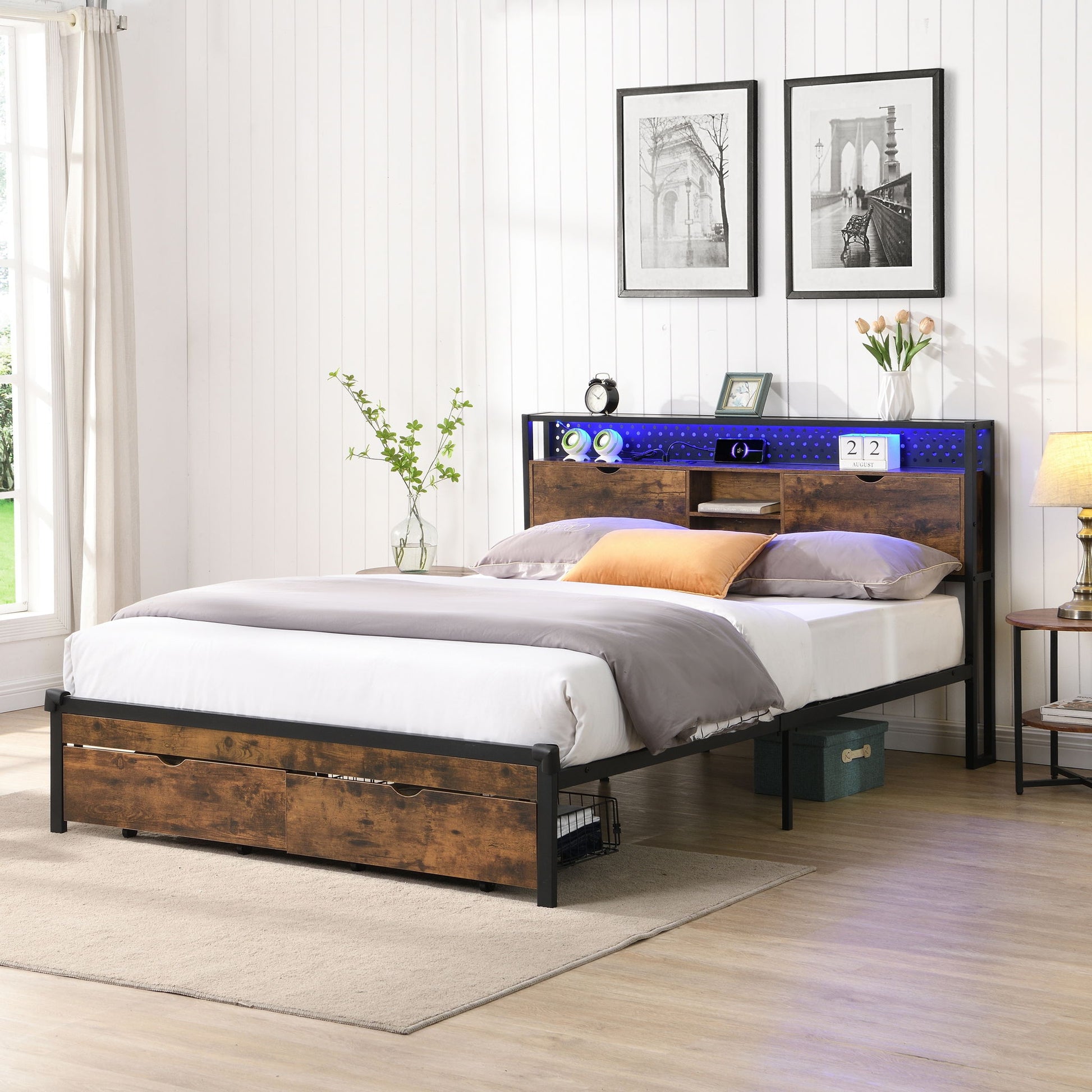 Modern Metal Platform Bed Frame With Wooden Headboard, USB Charging Station, Storage Drawers - The Sleep Loft - Online Mattress Showroom NYC