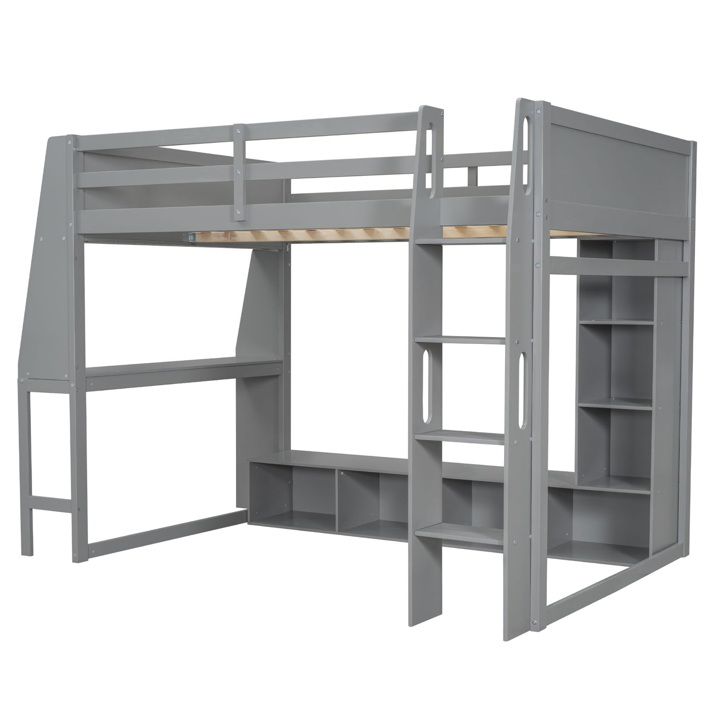 Full Size Gaming Loft Bed With Desk, Multi Storage Shelves, LED Lighting, And Hanging Clothes Rack - Gray - The Sleep Loft - Online Mattress Showroom NYC