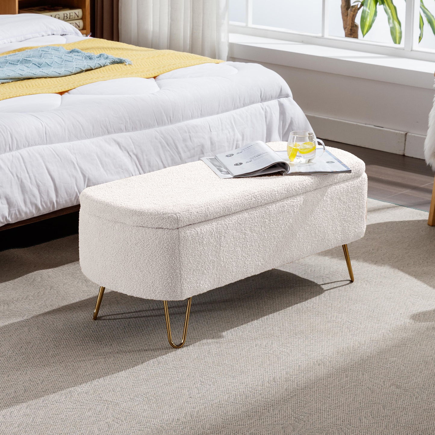 Storage Ottoman Bench For End Of Bed Legs, Modern Camel Faux Fur Entryway Bench Upholstered Padded With Storage For Living Room Bedroom - The Sleep Loft - Online Mattress Showroom NYC