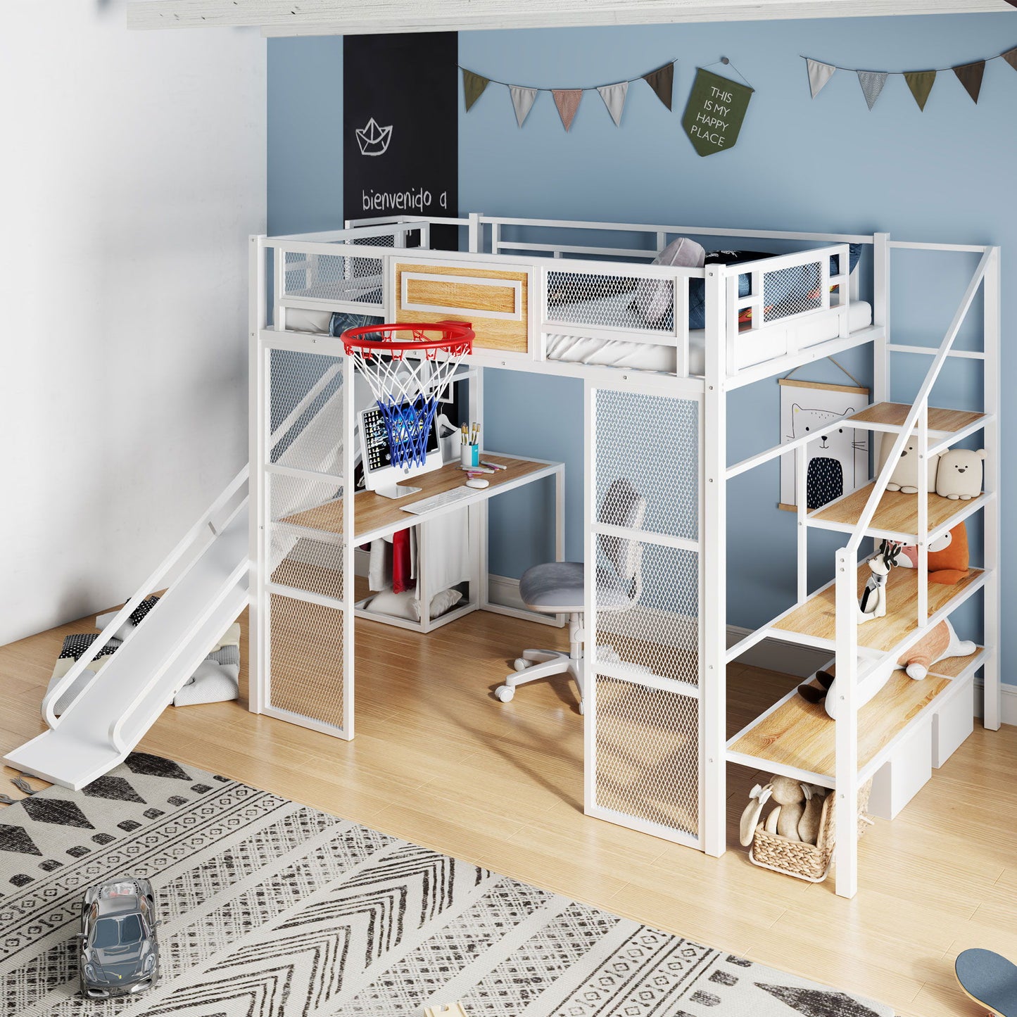 Loft Bed With Built In Desk, Open Wardrobe, Basketball Hoop, Slide And Staircase - The Sleep Loft - Online Mattress Showroom NYC