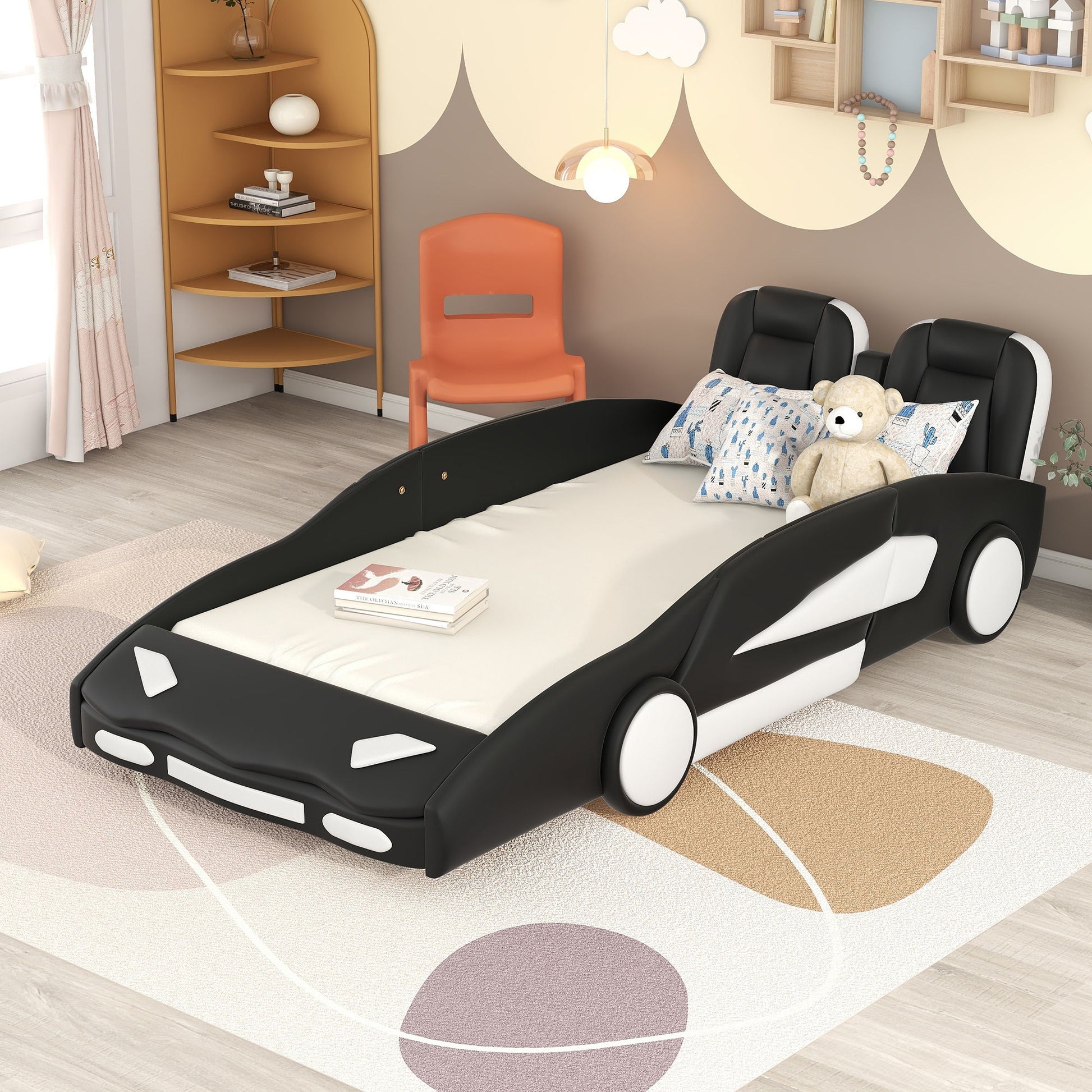 Race Car Shaped Twin Platform Bed With Wheels, Pine Wood Construction - The Sleep Loft - Online Mattress Showroom NYC