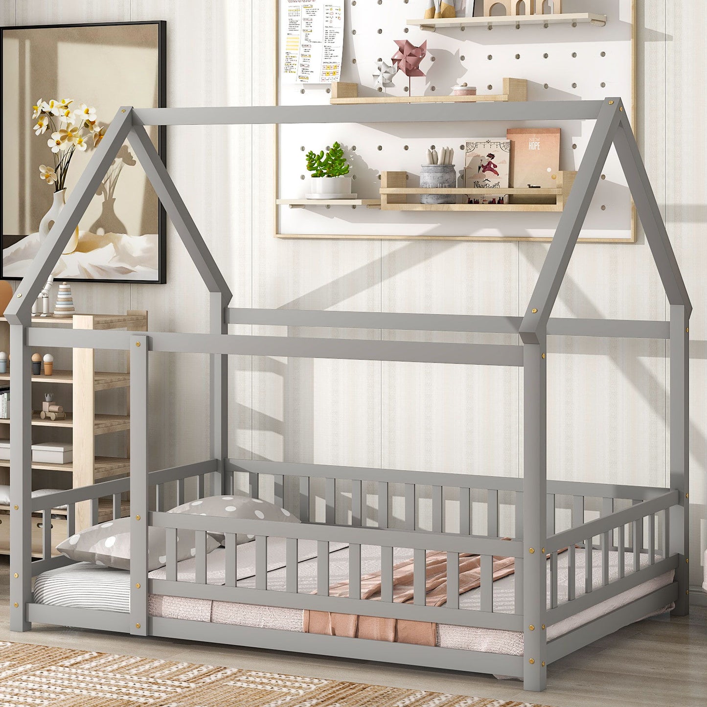 Floor Wooden Bed With House Roof Frame, Fence Guardrails - The Sleep Loft - Online Mattress Showroom NYC