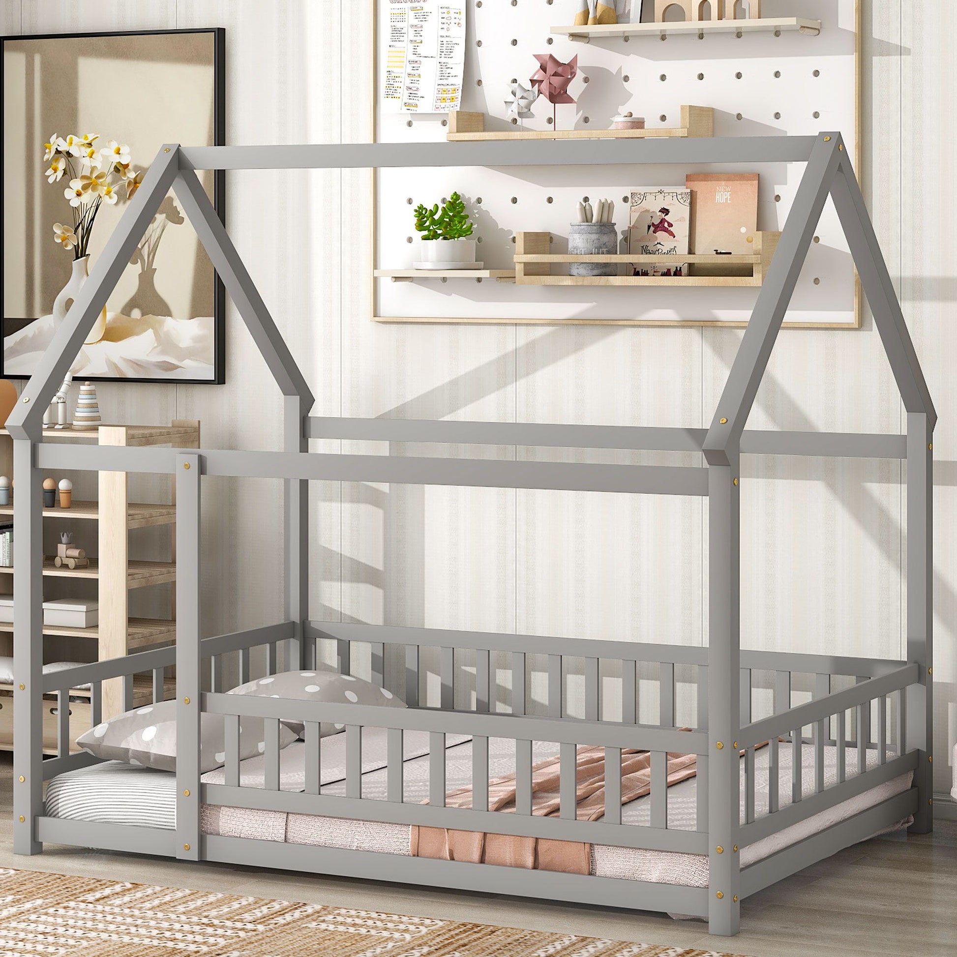 Floor Wooden Bed With House Roof Frame, Fence Guardrails - The Sleep Loft - Online Mattress Showroom NYC