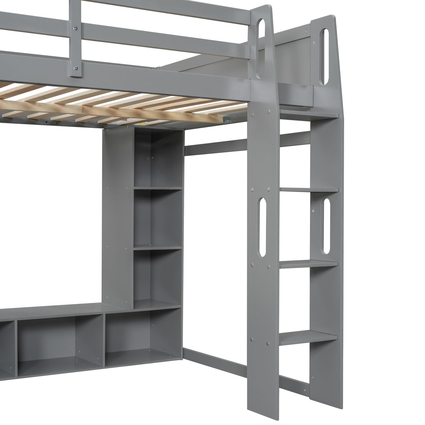 Full Size Gaming Loft Bed With Desk, Multi Storage Shelves, LED Lighting, And Hanging Clothes Rack - Gray - The Sleep Loft - Online Mattress Showroom NYC