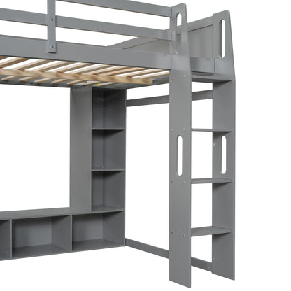 Full Size Gaming Loft Bed With Desk, Multi Storage Shelves, LED Lighting, And Hanging Clothes Rack - Gray - The Sleep Loft - Online Mattress Showroom NYC