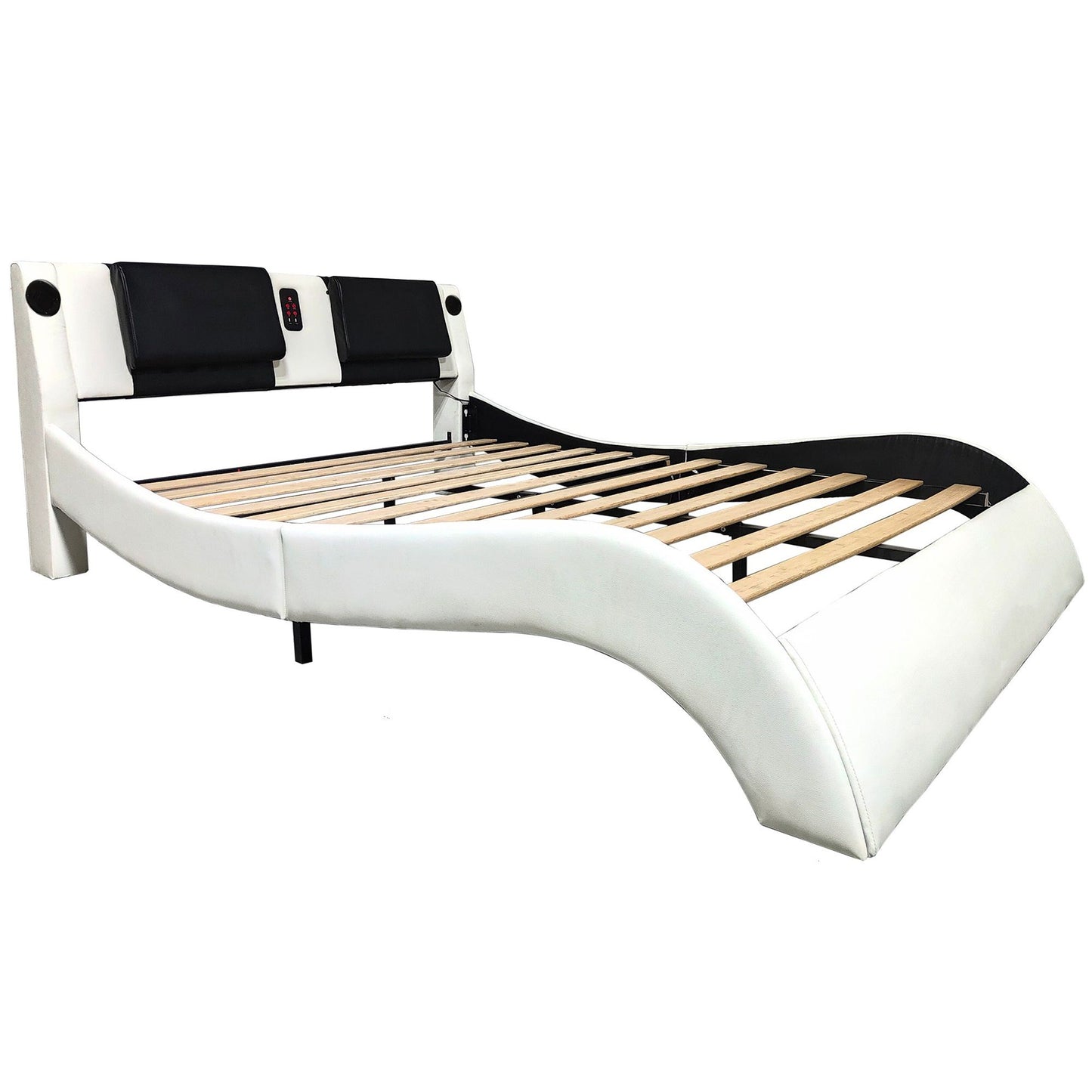 Upholstered Platform Bed Frame With LED Lighting, Bluetooth Connection To Play Music Control, Backrest Vibration Massage, Curve Design, Wood Slat Support, Exhibited Speakers - The Sleep Loft - Online Mattress Showroom NYC
