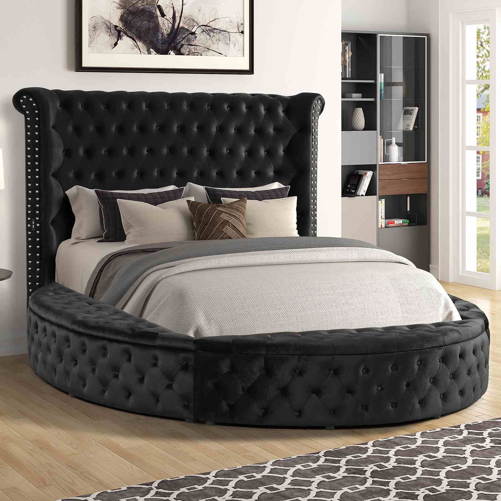 Glam Button Tufted Wingback Round Bed With Storage And USB Ports - The Sleep Loft - Online Mattress Showroom NYC