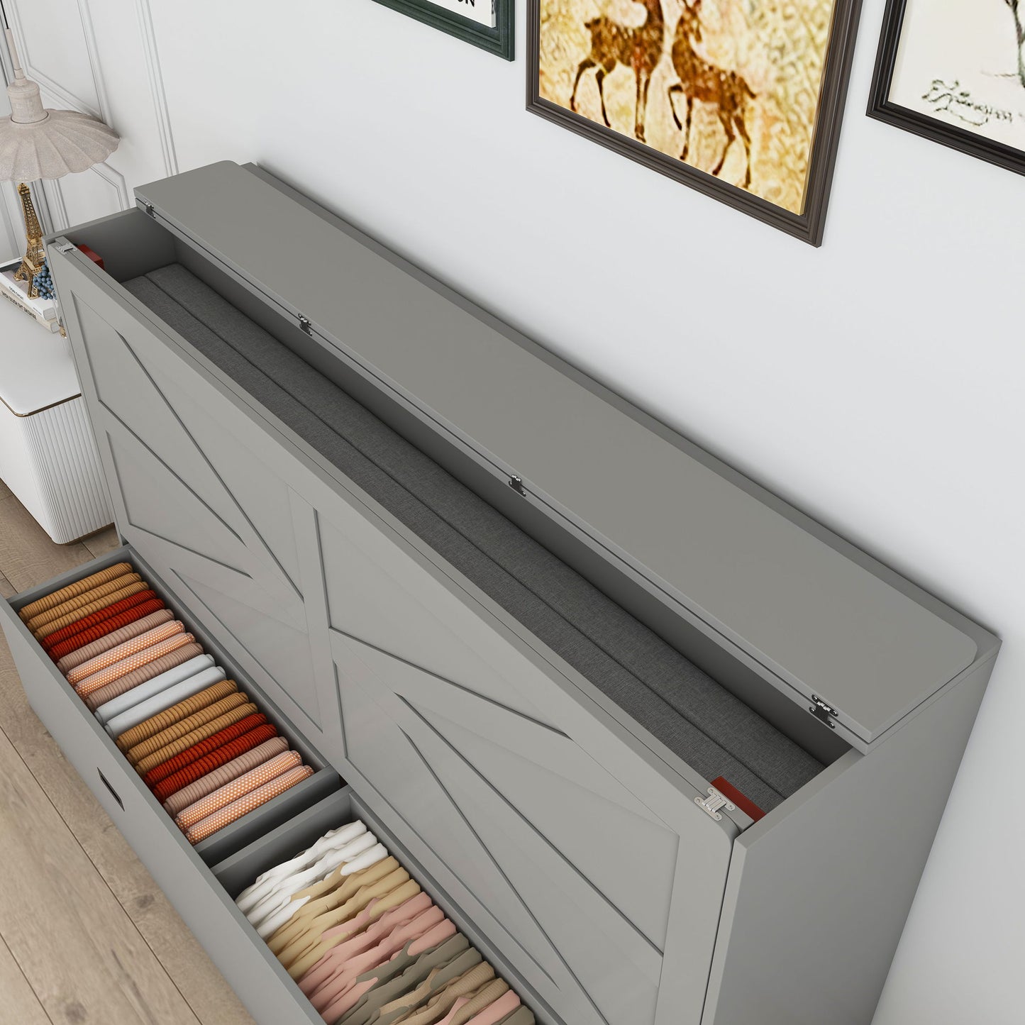 Full Murphy Bed With Storage Drawers, Charging Station, Foldable Panels, And Silent Swivel Wheels
