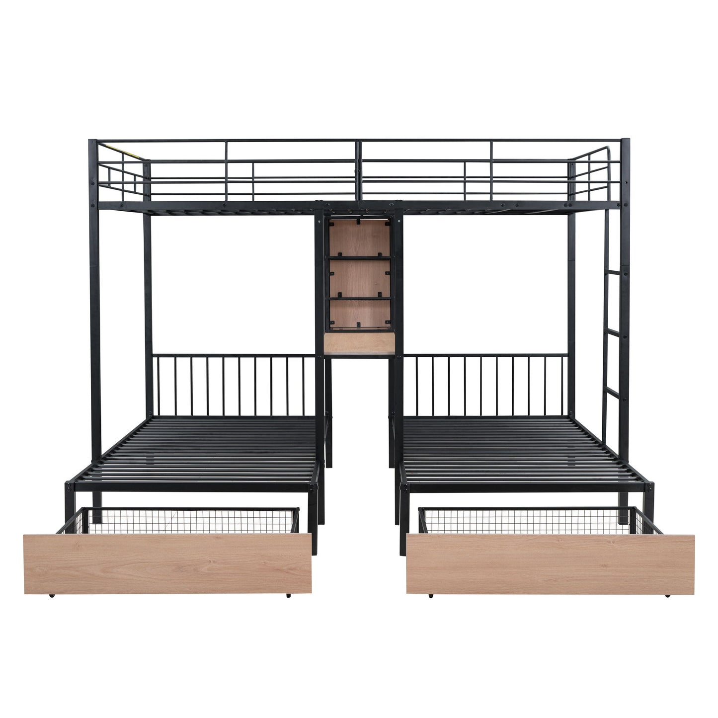 Triple Bunk Bed With Drawers, Multi-Functional Frame With Desks And Shelves In The Middle - The Sleep Loft - Online Mattress Showroom NYC
