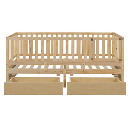Daybed With Fence Guardrails And 2 Drawers, Split Into Independent Floor Bed & Daybed - The Sleep Loft - Online Mattress Showroom NYC