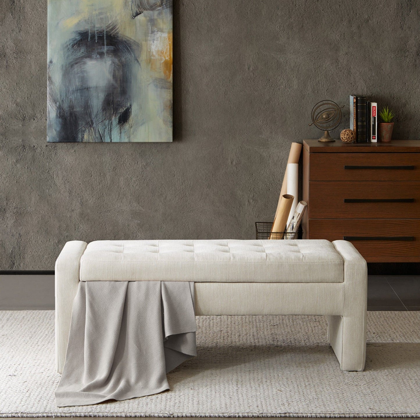Elegant Soft Close Storage Bench Polyester Upholstery - Cream - The Sleep Loft - Online Mattress Showroom NYC