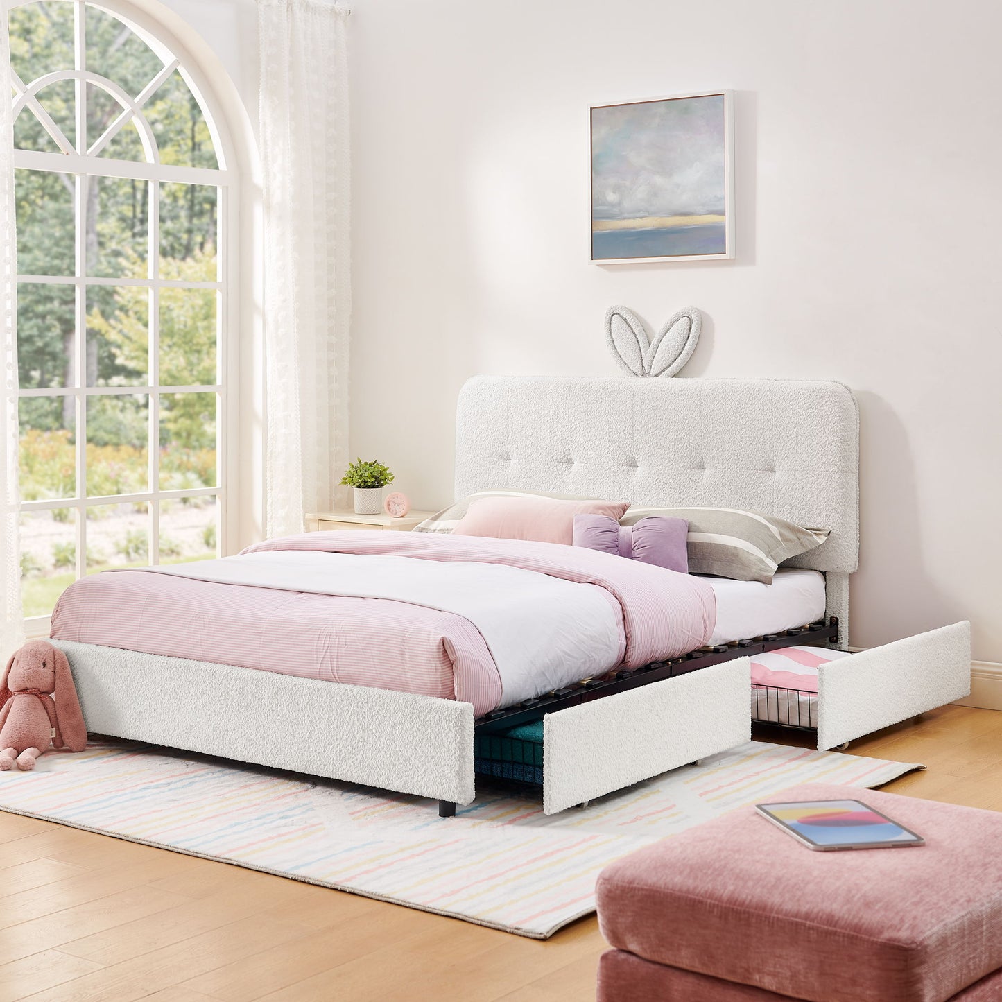 Upholstered Bed With Oversized Rabbit Ear Headboard, LED Lights & 4 Storage Drawers - The Sleep Loft - Online Mattress Showroom NYC