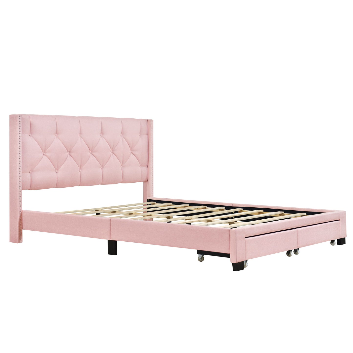 Queen Size Storage Bed Linen Upholstered Platform Bed & Two Drawers - Pink - The Sleep Loft - Online Mattress Showroom NYC